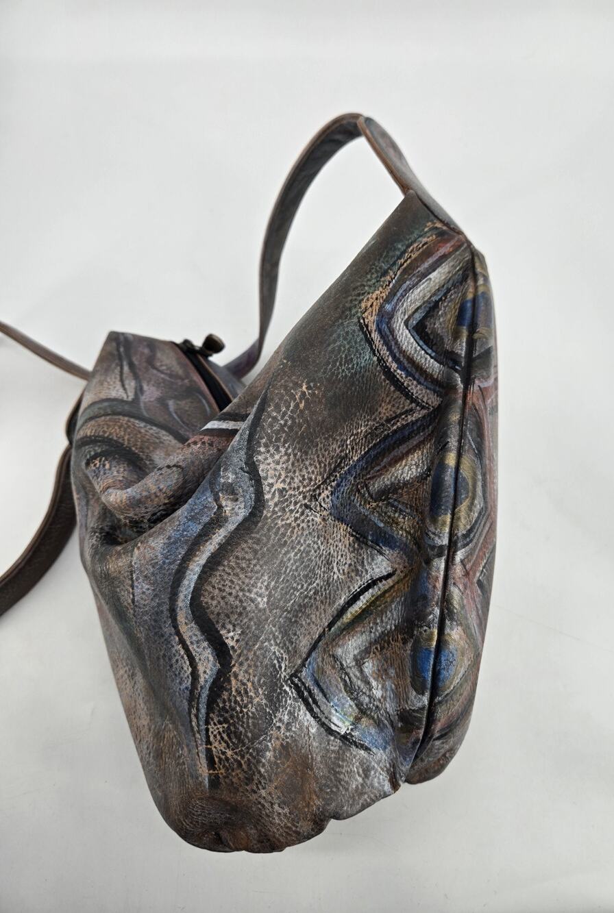Jane Yoo Vintage Wearable Art Hand Painted Leather Crossbody Bucket Bag Purse - Picture 4 of 16